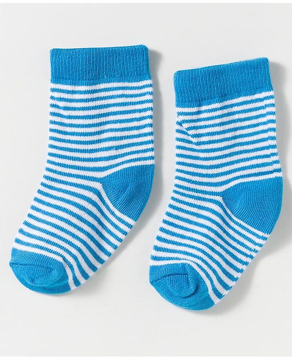 Cute Walk by Babyhug Knit Ankle Length Anti-Bacterial Socks with Stripes & Text Design Pack of 3 - Blue White & Mustered