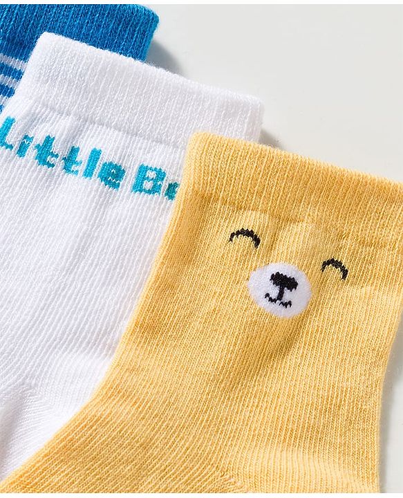 Cute Walk by Babyhug Knit Ankle Length Anti-Bacterial Socks with Stripes & Text Design Pack of 3 - Blue White & Mustered
