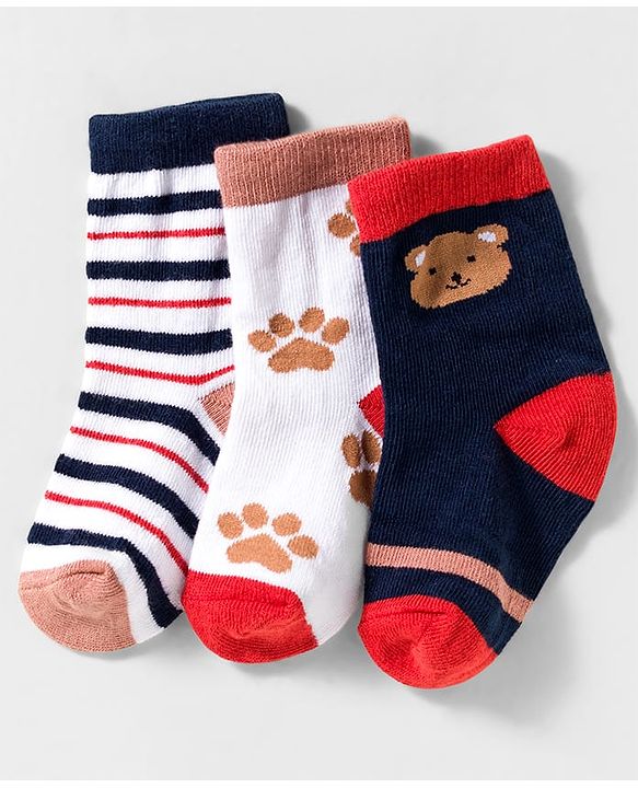 Cute Walk by Babyhug Knit Ankle Length Anti-Bacterial Socks with Stripes & Animal Design Pack of 3 - White & Navy Blue