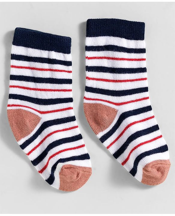 Cute Walk by Babyhug Knit Ankle Length Anti-Bacterial Socks with Stripes & Animal Design Pack of 3 - White & Navy Blue