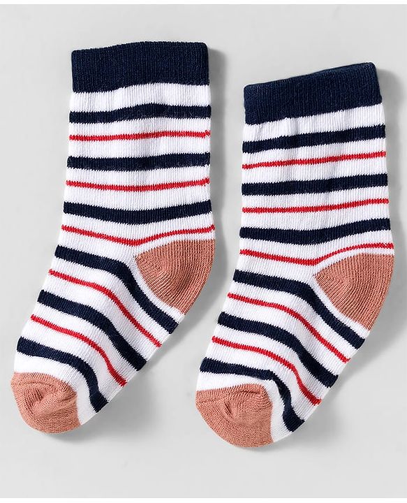 Cute Walk by Babyhug Knit Ankle Length Anti-Bacterial Socks with Stripes & Animal Design Pack of 3 - White & Navy Blue