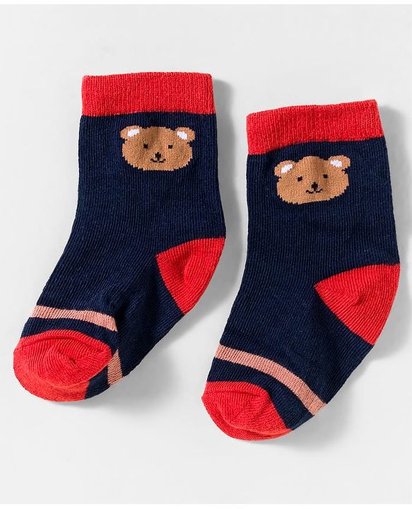Cute Walk by Babyhug Knit Ankle Length Anti-Bacterial Socks with Stripes & Animal Design Pack of 3 - White & Navy Blue