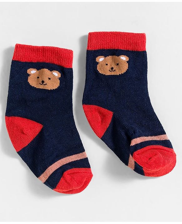 Cute Walk by Babyhug Knit Ankle Length Anti-Bacterial Socks with Stripes & Animal Design Pack of 3 - White & Navy Blue