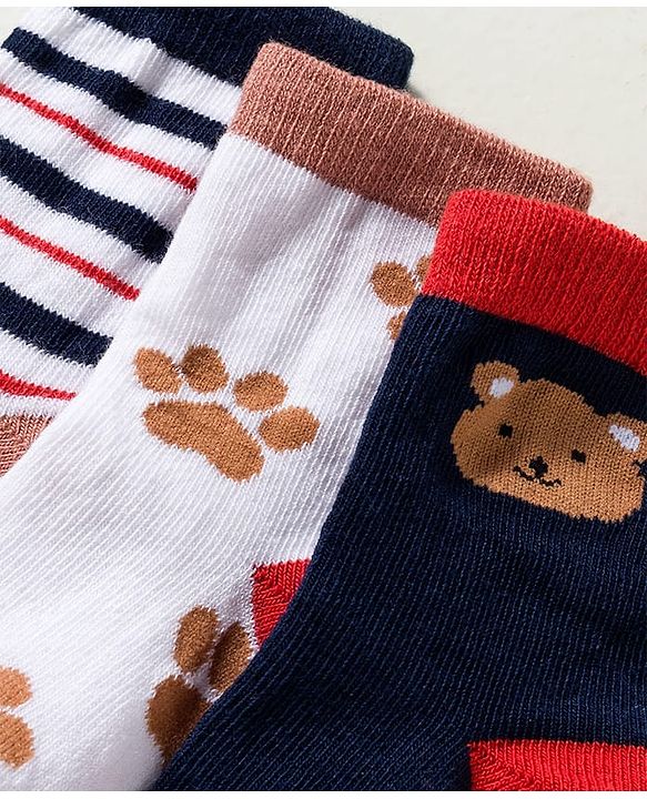 Cute Walk by Babyhug Knit Ankle Length Anti-Bacterial Socks with Stripes & Animal Design Pack of 3 - White & Navy Blue