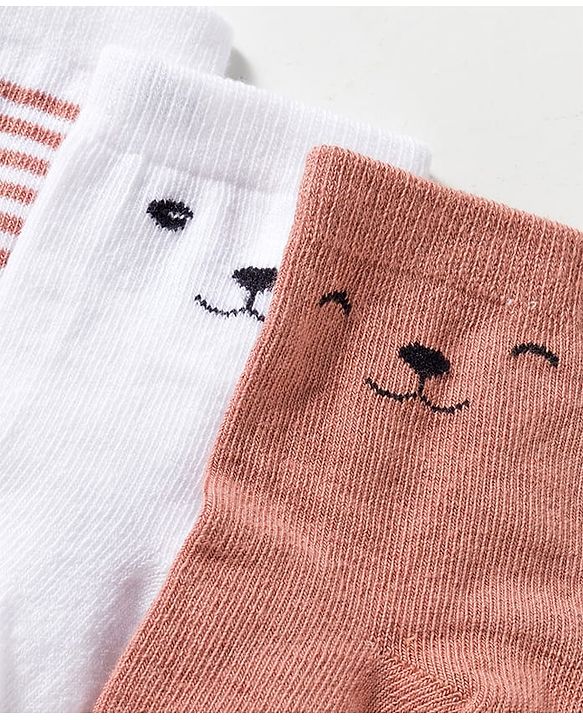 Cute Walk by Babyhug Knit Ankle Length Anti-Bacterial Socks with Stripes & Animal Design Pack of 3 - White & Brown