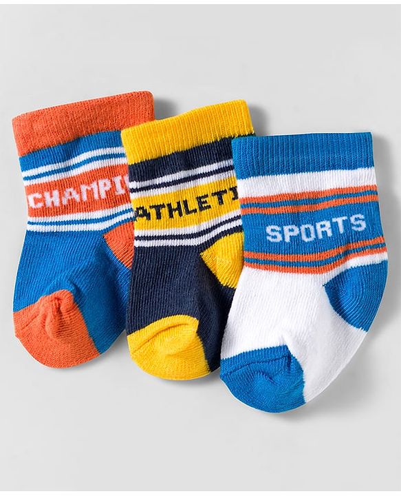 Cute Walk by Babyhug Knit Ankle Length Anti Bacterial Socks With Text Design Pack Of 3 - Yellow Blue & Orange
