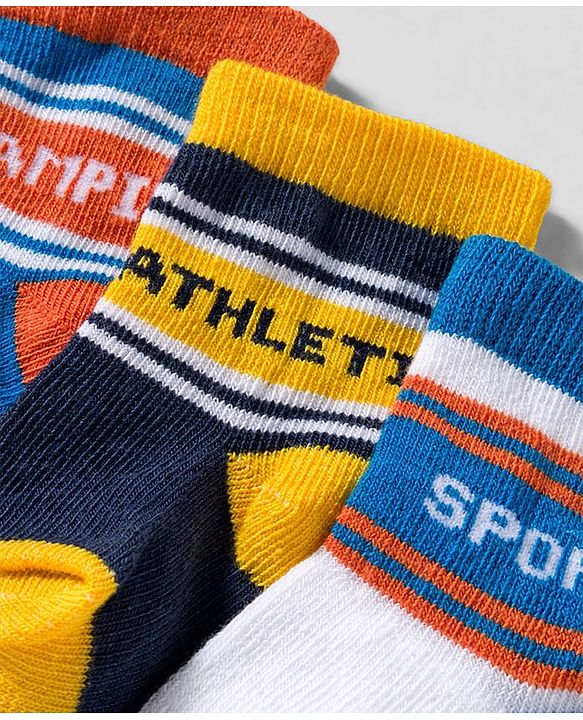 Cute Walk by Babyhug Knit Ankle Length Anti Bacterial Socks With Text Design Pack Of 3 - Yellow Blue & Orange