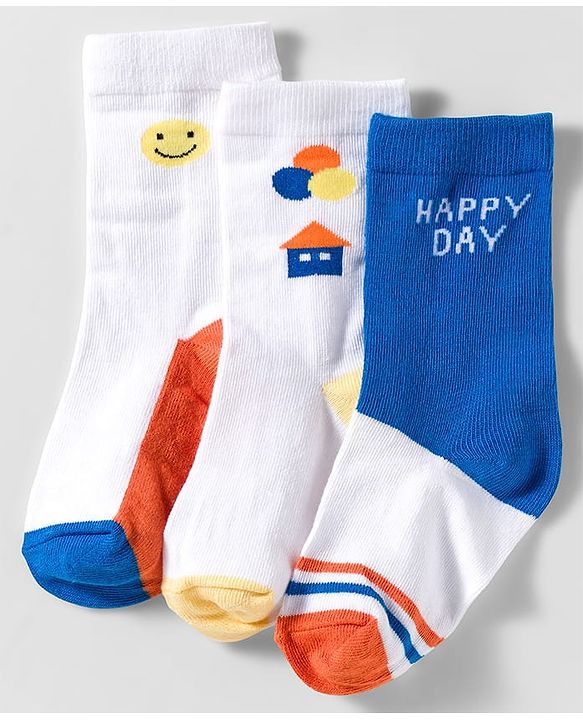 Cute Walk by Babyhug Knit Ankle Length Anti Bacterial Socks With Smiley Face Design Pack Of 3 - White & Blue
