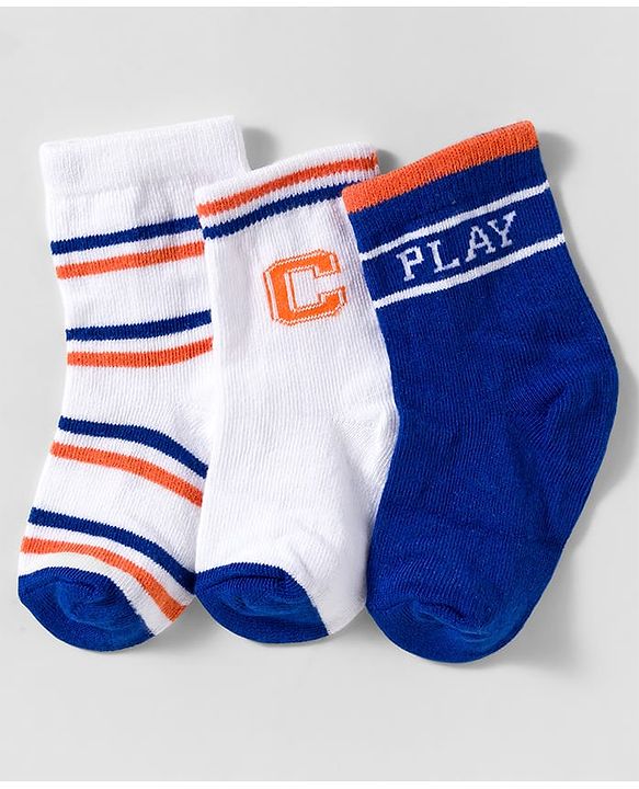 Cute Walk by Babyhug Knit Ankle Length Anti Bacterial Socks With Text Design Pack Of 3 - Blue & White