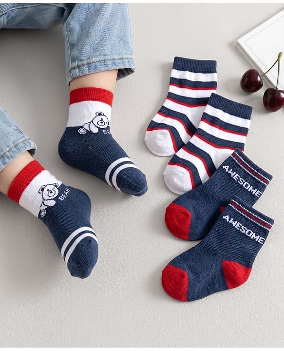 Cute Walk by Babyhug Knit Ankle Length Anti Bacterial Socks With Text Design Pack Of 3 - Navy Blue & White