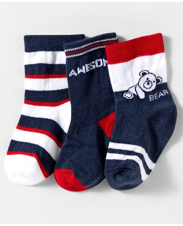 Cute Walk by Babyhug Knit Ankle Length Anti Bacterial Socks With Text Design Pack Of 3 - Navy Blue & White