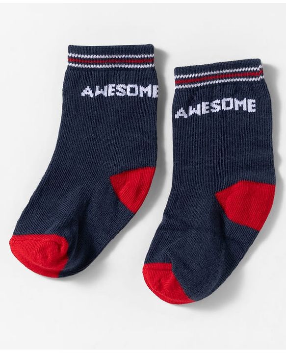 Cute Walk by Babyhug Knit Ankle Length Anti Bacterial Socks With Text Design Pack Of 3 - Navy Blue & White