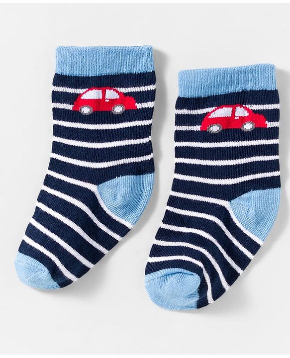 Cute Walk by Babyhug Knit Ankle Length Anti Bacterial Socks With Stripes & Vehicle Design Pack Of 3 - Blue & Red