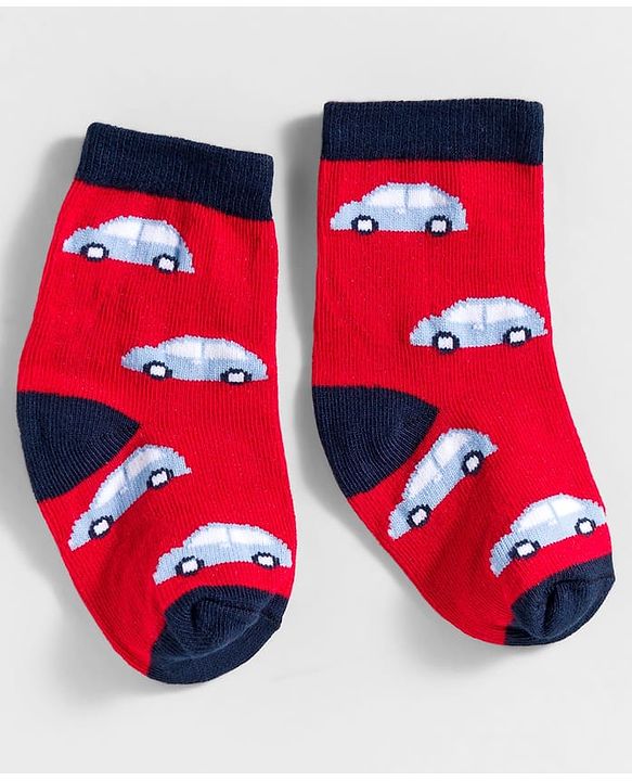 Cute Walk by Babyhug Knit Ankle Length Anti Bacterial Socks With Stripes & Vehicle Design Pack Of 3 - Blue & Red