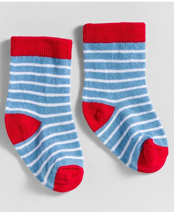 Cute Walk by Babyhug Knit Ankle Length Anti Bacterial Socks With Stripes & Vehicle Design Pack Of 3 - Blue & Red