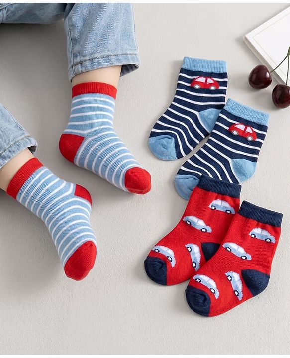 Cute Walk by Babyhug Knit Ankle Length Anti Bacterial Socks With Stripes & Vehicle Design Pack Of 3 - Blue & Red