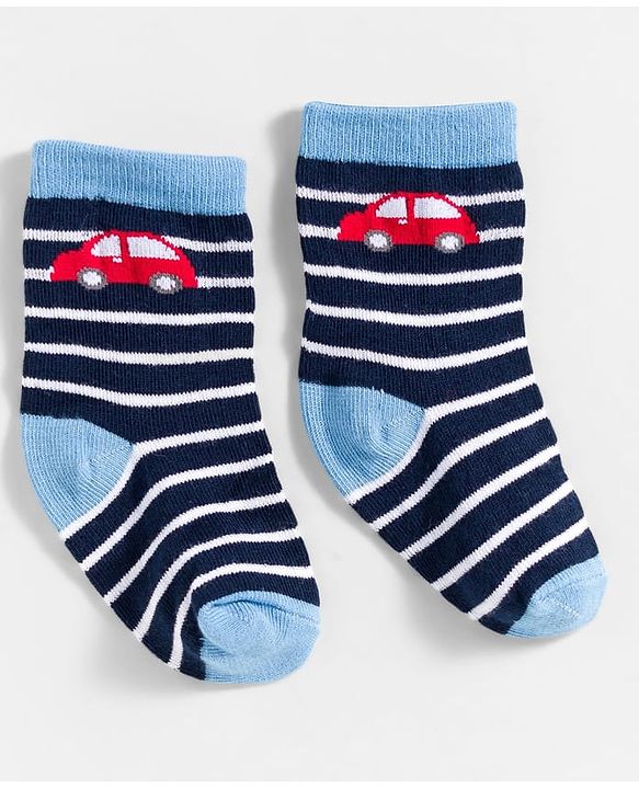 Cute Walk by Babyhug Knit Ankle Length Anti Bacterial Socks With Stripes & Vehicle Design Pack Of 3 - Blue & Red