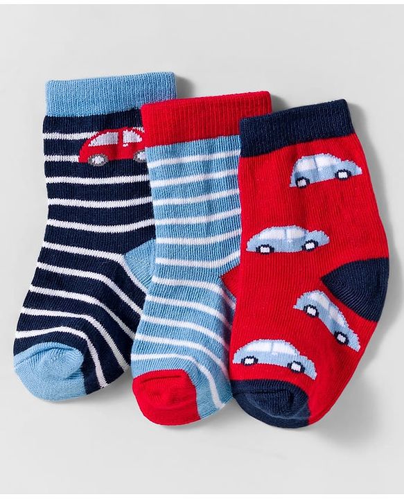 Cute Walk by Babyhug Knit Ankle Length Anti Bacterial Socks With Stripes & Vehicle Design Pack Of 3 - Blue & Red
