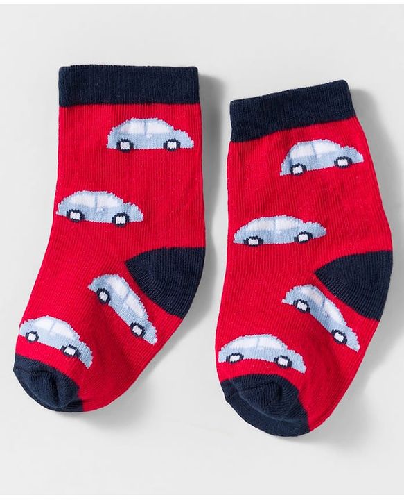 Cute Walk by Babyhug Knit Ankle Length Anti Bacterial Socks With Stripes & Vehicle Design Pack Of 3 - Blue & Red