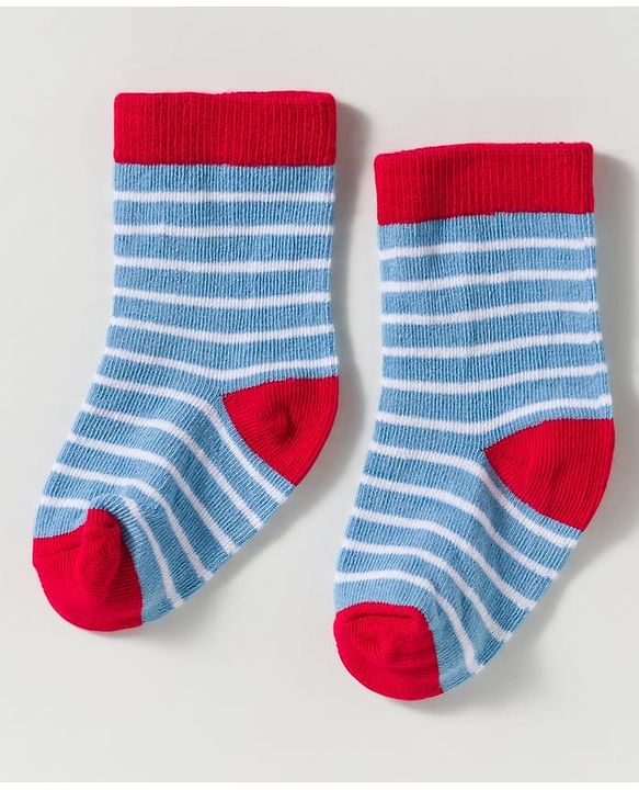 Cute Walk by Babyhug Knit Ankle Length Anti Bacterial Socks With Stripes & Vehicle Design Pack Of 3 - Blue & Red