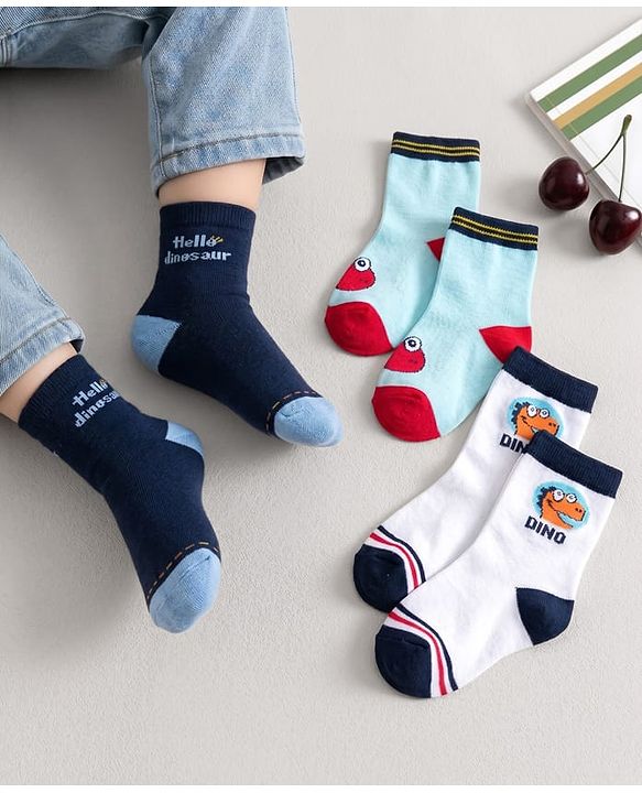 Cute Walk by Babyhug Knit Ankle Length Anti Bacterial Socks With Text Design Pack Of 3 - Navy Blue Aqua & White