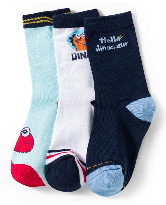 Cute Walk by Babyhug Knit Ankle Length Anti Bacterial Socks With Text Design Pack Of 3 - Navy Blue Aqua & White