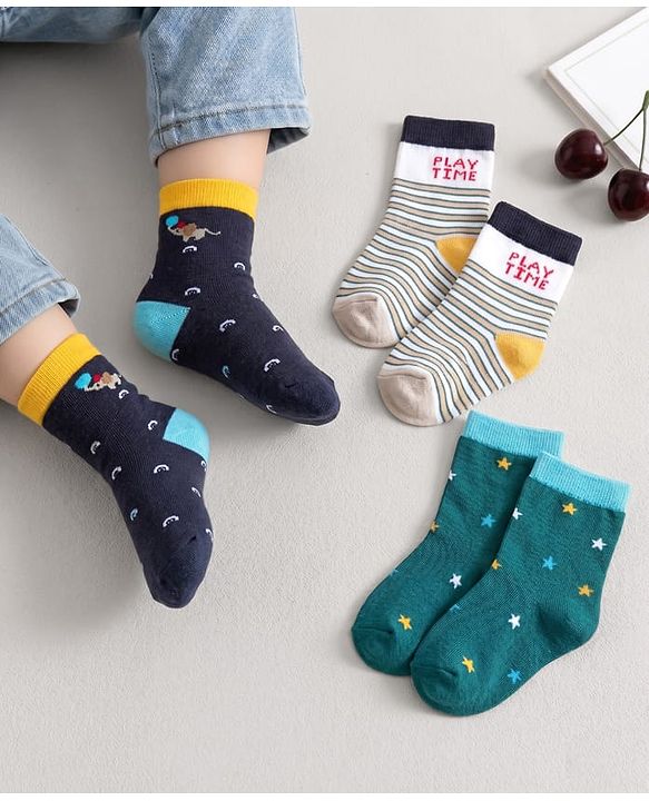 Cute Walk by Babyhug Knit Ankle Length Anti Bacterial Socks With Text Design Pack Of 3 - Navy Blue & White
