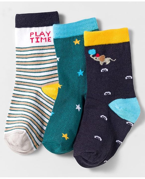 Cute Walk by Babyhug Knit Ankle Length Anti Bacterial Socks With Text Design Pack Of 3 - Navy Blue & White