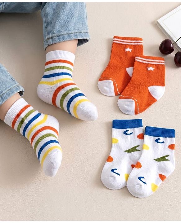 Cute Walk by Babyhug Knit Ankle Length Anti Bacterial Socks With Stripes Design Pack Of 3 - Orange & White