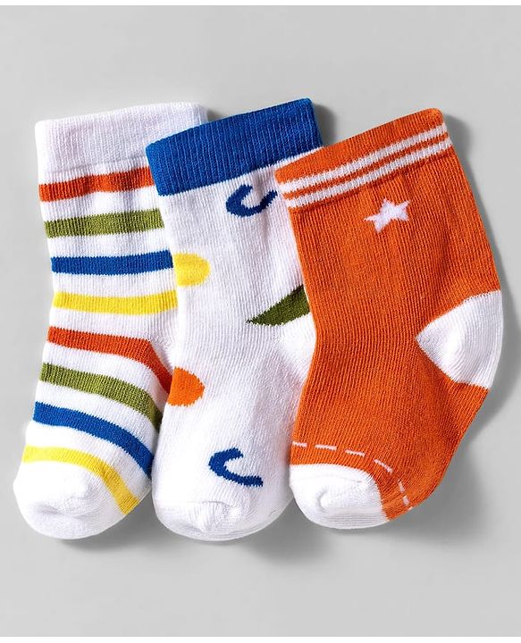Cute Walk by Babyhug Knit Ankle Length Anti Bacterial Socks With Stripes Design Pack Of 3 - Orange & White