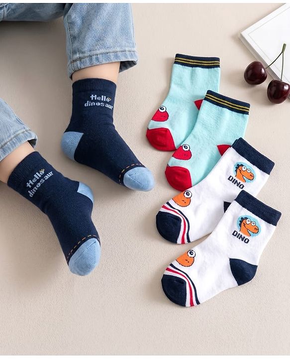 Cute Walk by Babyhug Knit Ankle Length Anti Bacterial Socks With Dino Design Pack of 3 - Multicolor