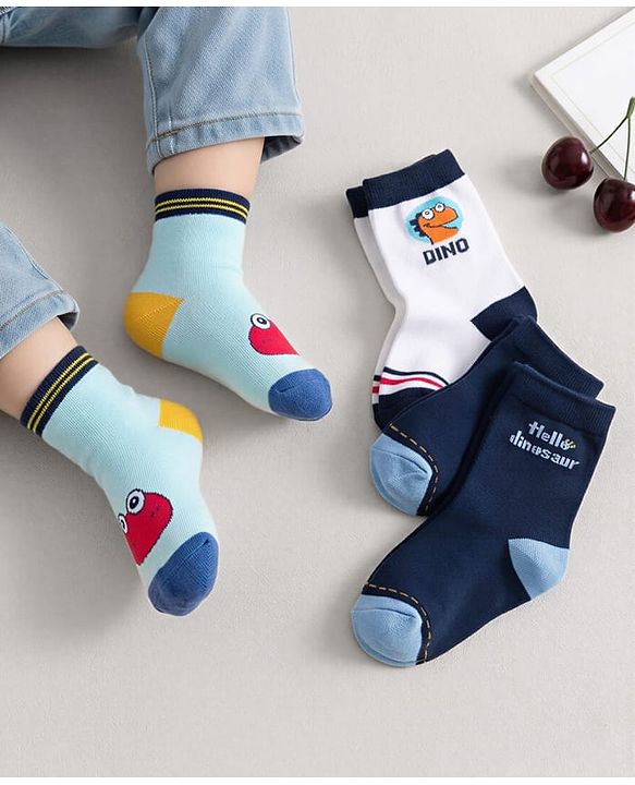 Cute Walk by Babyhug Knit Ankle Length Anti Bacterial Socks With Dino Design Pack of 3 - Multicolor