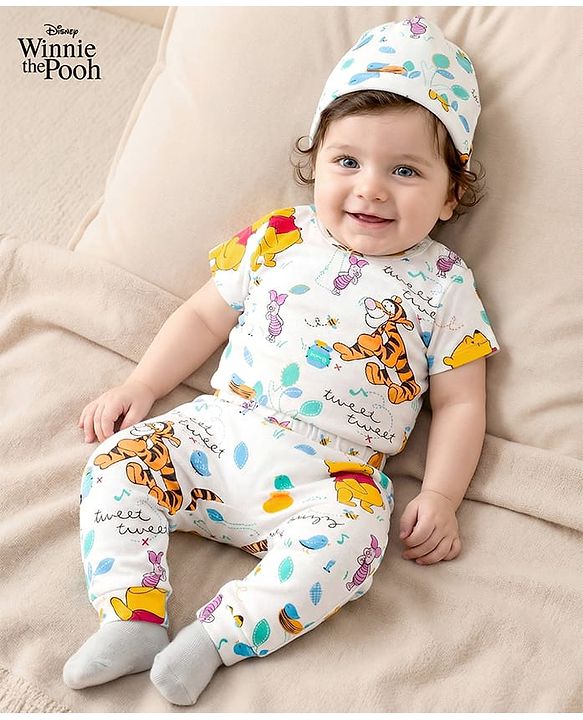 Babyhug Disney Interlock Knit Half Sleeves Onesie & Diaper Legging With Pony Cap Set  Winnie the Pooh Print- White