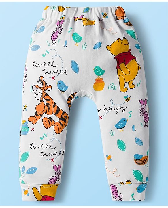 Babyhug Disney Interlock Knit Half Sleeves Onesie & Diaper Legging With Pony Cap Set  Winnie the Pooh Print- White