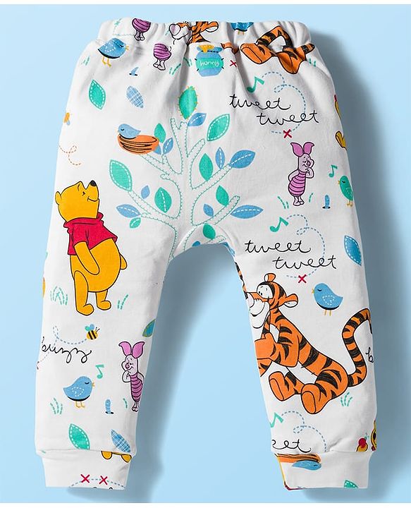 Babyhug Disney Interlock Knit Half Sleeves Onesie & Diaper Legging With Pony Cap Set  Winnie the Pooh Print- White