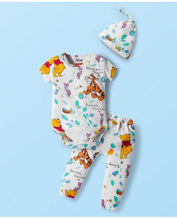 Babyhug Disney Interlock Knit Half Sleeves Onesie & Diaper Legging With Pony Cap Set  Winnie the Pooh Print- White