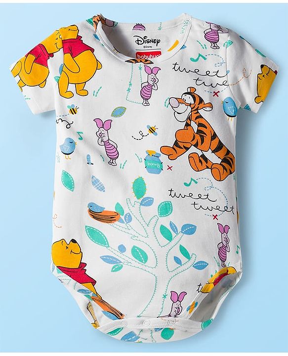 Babyhug Disney Interlock Knit Half Sleeves Onesie & Diaper Legging With Pony Cap Set  Winnie the Pooh Print- White
