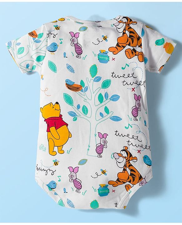 Babyhug Disney Interlock Knit Half Sleeves Onesie & Diaper Legging With Pony Cap Set  Winnie the Pooh Print- White