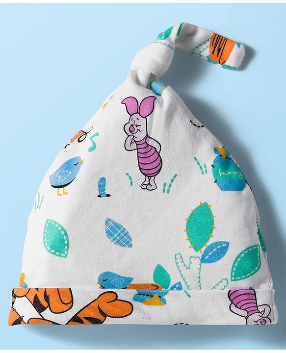 Babyhug Disney Interlock Knit Half Sleeves Onesie & Diaper Legging With Pony Cap Set  Winnie the Pooh Print- White