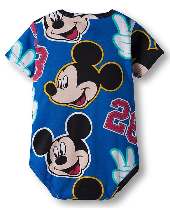 Babyhug Disney Interlock Knit Half Sleeves Onesie with Diaper Legging & Pony Cap Set with Mickey Mouse Print - Blue