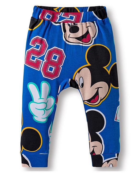 Babyhug Disney Interlock Knit Half Sleeves Onesie with Diaper Legging & Pony Cap Set with Mickey Mouse Print - Blue