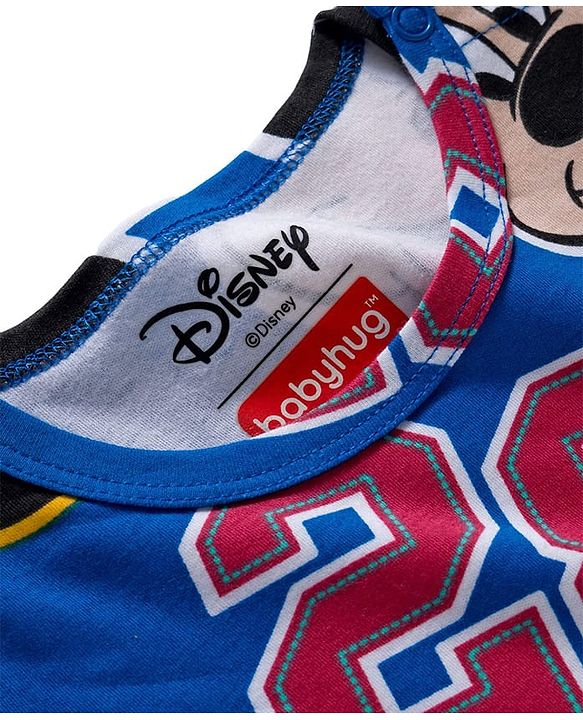 Babyhug Disney Interlock Knit Half Sleeves Onesie with Diaper Legging & Pony Cap Set with Mickey Mouse Print - Blue