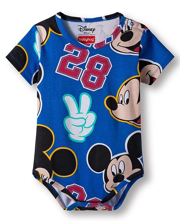 Babyhug Disney Interlock Knit Half Sleeves Onesie with Diaper Legging & Pony Cap Set with Mickey Mouse Print - Blue