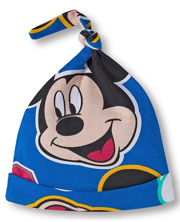 Babyhug Disney Interlock Knit Half Sleeves Onesie with Diaper Legging & Pony Cap Set with Mickey Mouse Print - Blue