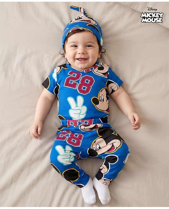 Babyhug Disney Interlock Knit Half Sleeves Onesie with Diaper Legging & Pony Cap Set with Mickey Mouse Print - Blue