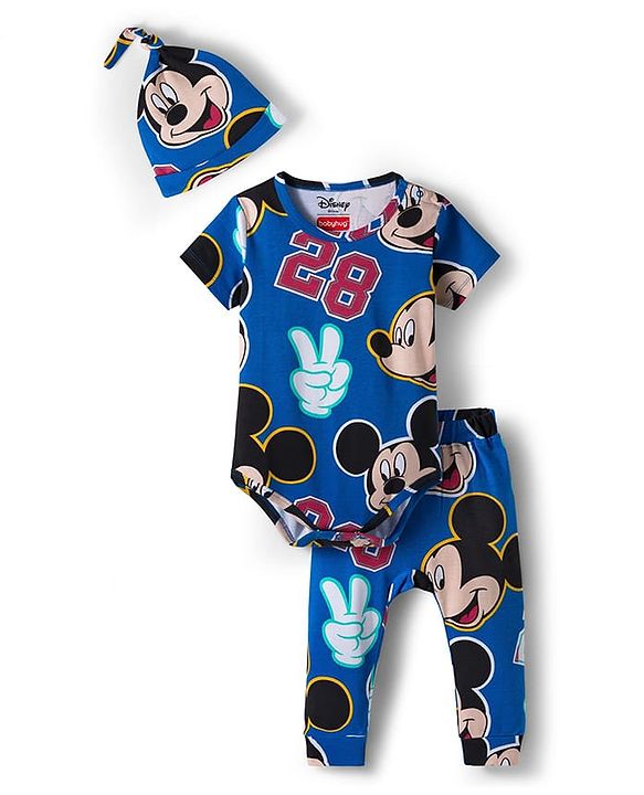Babyhug Disney Interlock Knit Half Sleeves Onesie with Diaper Legging & Pony Cap Set with Mickey Mouse Print - Blue