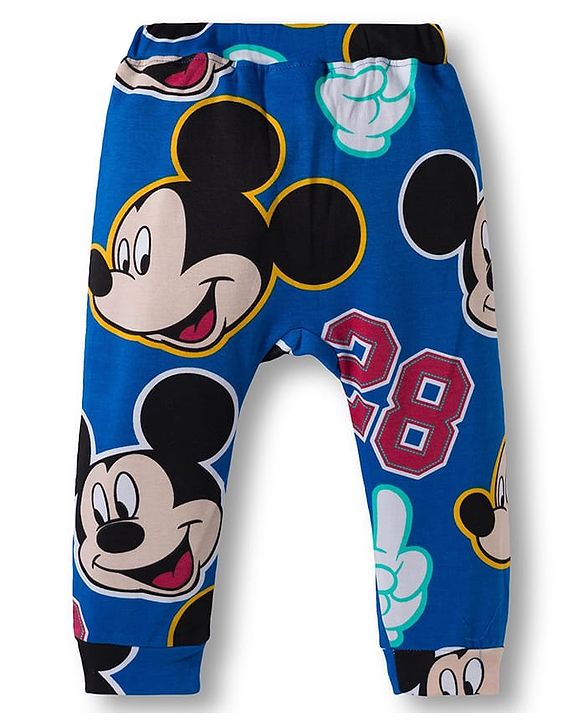 Babyhug Disney Interlock Knit Half Sleeves Onesie with Diaper Legging & Pony Cap Set with Mickey Mouse Print - Blue