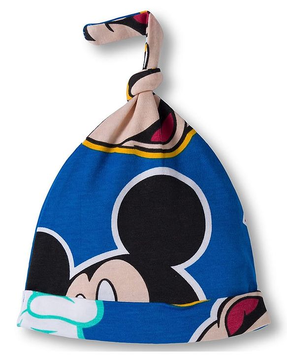 Babyhug Disney Interlock Knit Half Sleeves Onesie with Diaper Legging & Pony Cap Set with Mickey Mouse Print - Blue