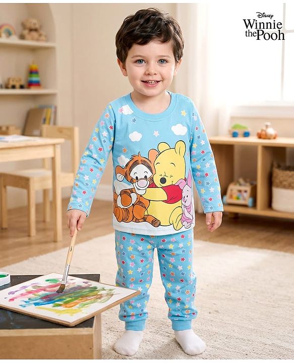 Babyhug Disney Single Jersey Knit Full Length Night Suit With Winnie The Pooh Graphics - Light Blue
