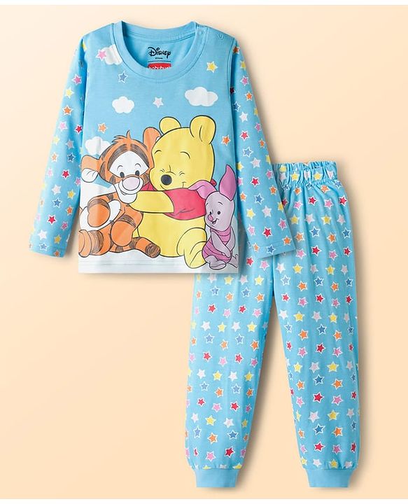 Babyhug Disney Single Jersey Knit Full Length Night Suit With Winnie The Pooh Graphics - Light Blue
